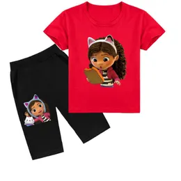 Kläderuppsättningar 2022 Summer Gabby Cats Kläder Kids Kort ärm Tshirtshorts 2PC Set Girls Gabbys Dollhouse Clothing Set Boys Sports Sport W230210