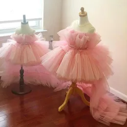 Girl Dresses Pink Tiered Tulle Princess Puffy Flower For Baby Wedding Party High-Low Kid Brithday Gowns First Communion Gown