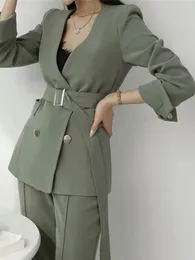 Kvinnor Tvådelade byxor Spring och Autumn Office Suit Vneck Green Twopiece Set Female Blazer Girly Elegant Temperament Pantsuit Setup Ladies 230209