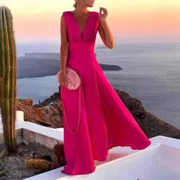 Casual Dresses Party Dress Women Sleeveless Deep V-hals Sexig midja Tätt veckad Big Hem Maxi för bröllop Elegant kläder 2023