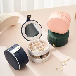 Storage Boxes Travel Jewelry Stand Multi-layer Round Box Comes With Button Built-in Makeup Mirror Organiser