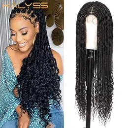 Human Hair Wigs Kalyss 36 Inches Full Lace Front Knotless Braided With Curly Tips Box Braids Synthetic Wig Baby For Black Women 230210
