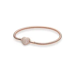 Roségoldenes Love Hearts Pave Charm-Armband mit Originalverpackung für Pandora, authentischer Sterlingsilber-Hochzeitsschmuck für Frauen, Schlangenketten-Charm-Perlen-Armbänder