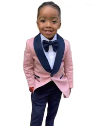 Men's Suits Pink 2Pcs Shawl Lapel Boy Slim Fit Kids Costume Wedding Dress Groom Tuxedos Children Prom Jacket Navy Pants