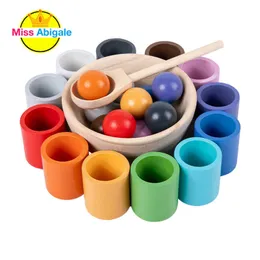 Bloki Baby Montessori Drewniana zabawka Rainbow Ball and Cups Kolor Sorting Game Fine Motor Early Education Uczenie się zabawek dla dzieciJ230210