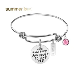 Bangle Inspirational Faith Pink Birthstone Charm Bracelet For Women 60Mm Expandable Stainless Steel Size Wire Drop Delivery Jewelry Dhijv
