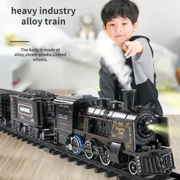 Рождественские игрушки поставляют моделирование парового поезда сплав сплав металлическая автомобильная дорожка железнодорожная железнодорожная классическая модель с дымовой батареей детской подарок 230210