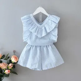 Clothing Sets Summer Suit Striped VNeck Flying Sleeves TopShort 2Pcs Clothing Sets Children Clothes Girl Set Kids Clothes Girls W230210