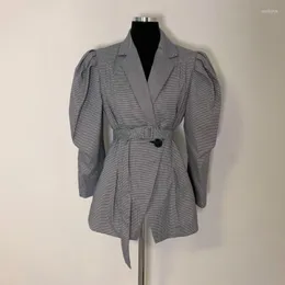 Damenanzüge VIELLEICHT U Frauen Hahnentritt Kerbe Kragen Puff Langarm Knopf Lose Schärpe Plaid Schwarz Blazer Casual C0489