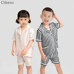 Giyim Setleri İspanyol Erkek Kız Pijama Kid 2pcs Sweetwear Set Toddler Mulberry İpek Stripe Shorts Tee Takım Kardeş ve Kardeş Giysiler W230210