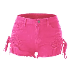 Kvinnors jeans vår sommar shorts perforerade fransade shorts låg midja delad bandage sexiga heta byxor 6069H2