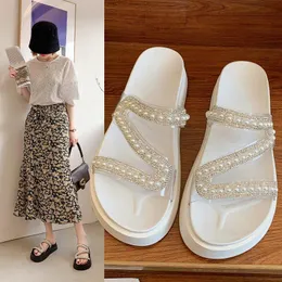 Sandals Black/white Pearl Beading Slippers Women Narrow Band Crystal Platform Bohemian Glitter Beads Beach Slides Summer Shoes