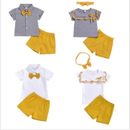 Kläderuppsättningar 2022 Summer Family Matching Clothes Brothersister 2st Clothing Set Baby Boys Girls Shirt Bluusepantshair Band Formal Suit W230210