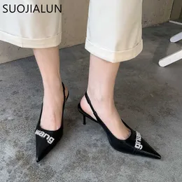 Sandallar Suojialun 2023 Bahar Yeni Marka Kadınlar Snadal Moda Solda Sollu Kayma Bayanlar Slingback Sandalet İnce Yüksek Topuk Pompaları T230208