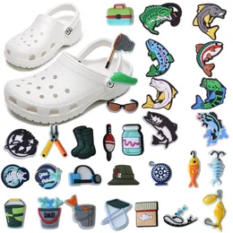 Bag Parts Accessories 37-pack Fishing Theme Pins Croc Shoe Charms For Men PVC Ornament Cute Male Pin Clog Backpack Accessories Single Wholesale Bulk 230210