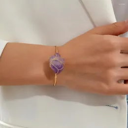 Bangle Purple Natural Stone Wire Wrap Oregelbunden rå kvarts öppen armband Kristall manschettarmband för kvinnliga smycken
