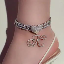 Cavigliere Flatfoosie 26 iniziale lettera corsiva strass per le donne Bling ghiacciato catena cubana braccialetto alla caviglia gamba piede gioielli
