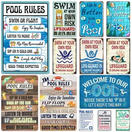 Regras da piscina da praia Posteres de pintura de parede de metal sinais de lata sem natação sem textão de aviso Piscina pública Praia Sinais de parede de praia Poster de placa gasto 20x30cm woo