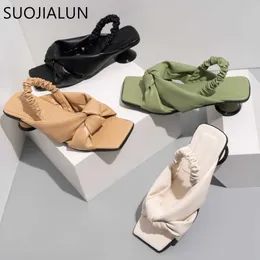 새로운 슬립 여름 여성 2022 샌들 Suojialun 신발 패션 Bow-knot square 발가락 캐주얼 슬라이드 낮은 힐 숙녀 드레스 샌들 슈 T230208 11