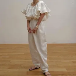 Women's Two Piece Pants Kuzuwata 2023 Japan Style Double Wear Sleeveless Slash Neck Tops Loose Linen Radish Women Peice Sets Soft Casual