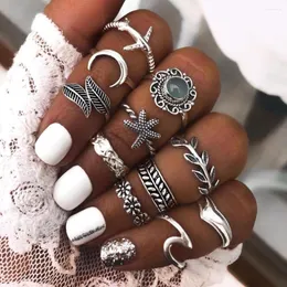 Cluster Rings Unique Bohemian Sets For Women Lady Starfish Moon Flower Shape Stone Midi Finger Ring Set Summer Beach Jewelry