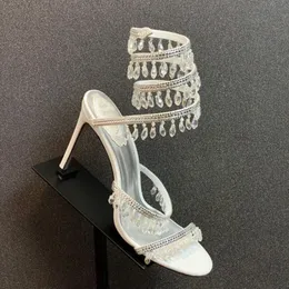 Rene Caovilla Chandelier Crystal-Embellished Sandals Leather Stileetto Heels Evening Shoes Women Heeled Luxury Designers Ankle Laparound Shoes Factory Footwear
