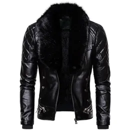 Men's Jackets Design Motorcycle Bomber Add Wool Leather Jacket Men Autumn Turn Down Fur Collar Removable Slim Fit Male Warm Pu Coats 230210