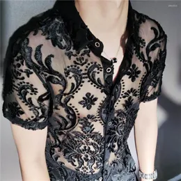 Men's Casual Shirts High Quality Transparent Floral Shirt Black Soft Velvet Slim-fit Men's Clothing Nightclub Short-sleeved Sexy See