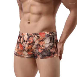 Külotlu erkek iç çamaşırı seksi erkekler boksör külot külot homme çiçekler baskılı cueca erkek penis torbası boksörleri eşcinsel