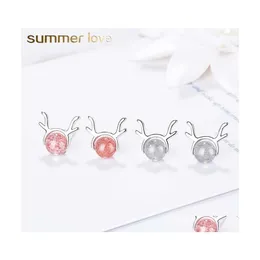 Stud Beautif Round Stberry Crystal Moonstone Küpeler Kadınlar için Bakır Geyik Antlers Küpe Noel Damla Teslim Takıları Dh3mk