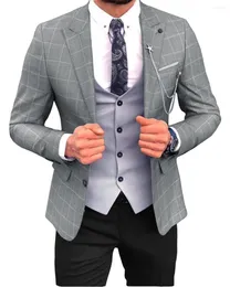 Men's Suits Casual Men's Regular Fit Prom Tuxedos Plaid Wool 3 Piece Solid Notch Lapel Suit For Wedding Grooms(Blazer Vest Pants)