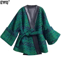 Malhas femininas tees ewq maconha de retalhos top jackets tweed women whinter primavera com manga longa pU couro v esboço verde 16Y3430 230209