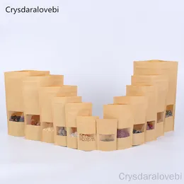 Hediye Sargısı 100 PCS Paketleme Zip Kilidi Kraft Kağıt Pencere Çantası Ayakta Kurutulmuş Gıda Çay Ambalaj Poşetleri Fermuar Kendi Sızdırmazlık Çantaları 230209