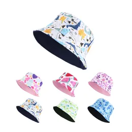 New Kids Toddler Reversible Bucket Hat Summer Baby Hat Boy Girl Cotton UV Protection Sun Cap Cartoon Dinosaur Print Beach Cap