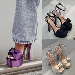Kadın tasarımcısı için bowtie toka sandaletleri saten şeffaf pvc platform topuk ayakkabıları 14cm yüksekte topuklu bayanlar düğün partisi roman sandalet 35-42 kutu