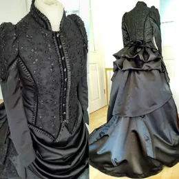 Gothic Black Bustle Wedding Dress Vintage Victorian Bridal Gowns Ruched High Neck Long Sleeves Lace Applqiue Beaded A Line Masquerade Vampire Dress For Women