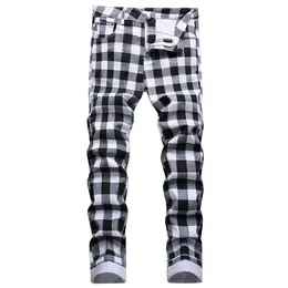メンズジーンズ黒と白の格子縞の印刷ファッションチェックデジタルプリントスリムストレートパンツストレッチズボン230211