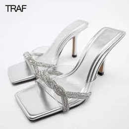 Sandaler tarf transparent klackade sandaler kvinna hög klackar mode kvinnors sandaler 2022 båge slingback rhinestone party högklackade sandaler g230211