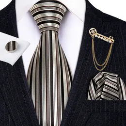 Neck Tie Set Fashion Designer Gold Striped Men slipsar Gold Brosches Silk Tie Handkakor Set Neck Tie For Men Groom Gift Business Barry.Wang 230210