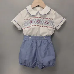 Sets infantis roupas boutique menino menino feita à mão smocked bordado conjunto de algodão azul de mangas curtas Babi Aniversário Eid Dress ARTILIZADO