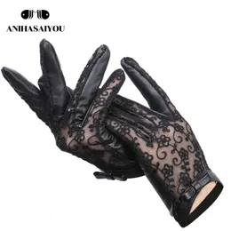 Fünf-Finger-Handschuhe Sexy Mode Damen Lederhandschuhe Frühling und Herbst dünnes Schaffell schwarze Spitzenhandschuhe Schleife Damenhandschuhe-7018 230210
