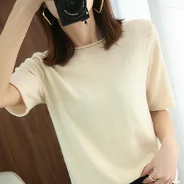 女性用Tシャツ22スプリングカシミアニット半袖ソリッドTシャツのトップはゆるく、丸い首をカールしています