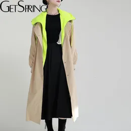 Женские траншевые пальто заставляет женские траншеи цветовые шерсти, соответствующая лоскутному шволю с капюшоном, двойная груда, хаки, длинное пальто 230211