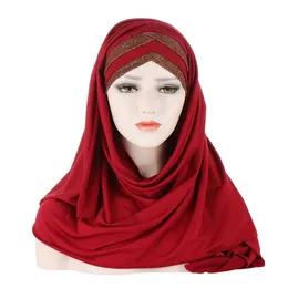 KepaHoo Fronte Croce Capelli Sciarpa Dell'involucro di Colore Solido Glitter Paillettes Jersey Hijab Musulmano Fascia Delle Donne Turbante Cap Capelli Foulard