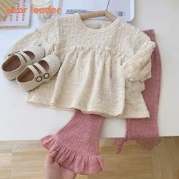 의류 세트 곰 지도자 어린 소녀 아기 패션 아기 단색 푹신한 소매 주름과 플레어 바지 슈트 아이의 옷