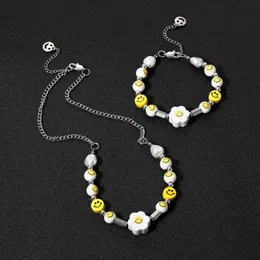 New stainless steel smiley face bracelet for men and women's small fresh sunflower pearl necklace