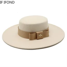 Cloches Autumn Winter French Ladies White Bownot Flat Top Fedora Hat 10CM Brim Banquet Elegant Felt Hat Wedding Dress Cap 230210