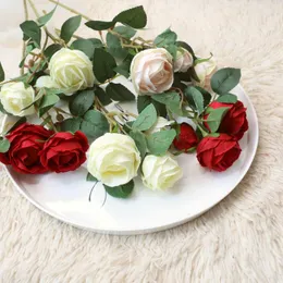 Dekorativa blommor 10st Simulation 3 Heads Rose Bud Artificial Branch Wedding Bouquet Bakgrundsdekoration Fake Home Display