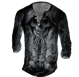 Koszulki męskie T-shirty Bawełniane męskie koszulki 3D Printed Skull Długie rękaw Gothic Horror Henley Shirt Oversized Tops Tee Man Punk