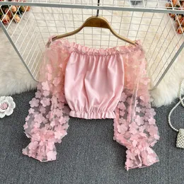 Kadın bluz gömlekleri kadınlar için fransızca şık bluzlar vintage 3d çiçek puflu uzun kollu eğik çizgi boynu femme mahsul gömlekler düz renkli kadın blusas giysileri 230211